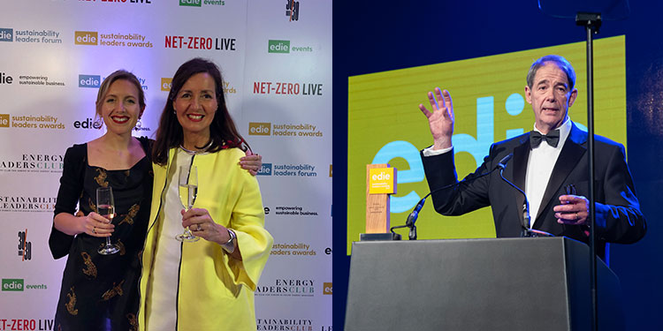 Edie sustaianability awards event complete with sustainability award Jonathan Porritt addresses edies with sustainability award on the podium